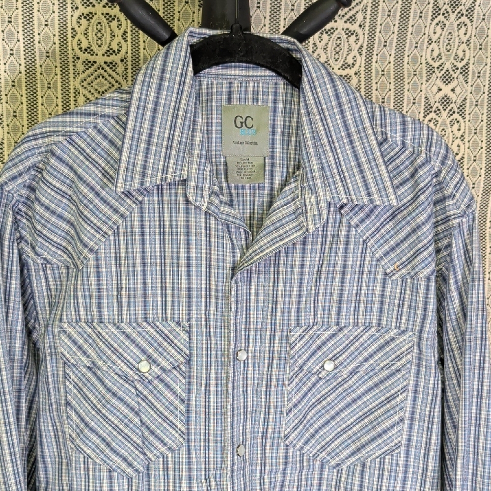 GC Blue Medium Mens Western Plaid Button Up Shirt Pearl Snap